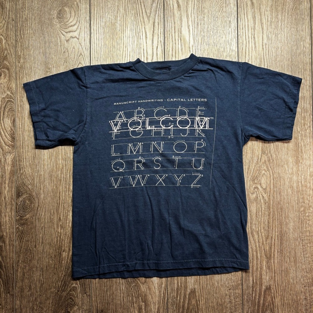 Volcom Vintage Y2K Baby Tee Navy Blue Alphabet Manuscript Graphic Shirt Mens M